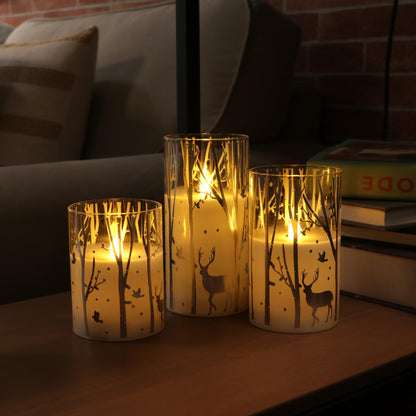 Rhytsing Silver Reindeer Design Glass Battery Operated LED Candles with 6H Timer, Christmas Flameless Candles with Warm White Light, Batteries Included - Set of 3