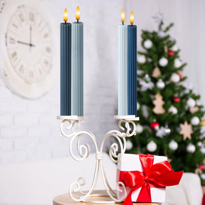 WYZworks Coordinated Blue Dawn Overcast Blues 4 Pack, 10" Real Wax LED Flameless Fluted Ribbed Grooved Taper Candles, Remote & Timer Memory, On/Off Button, Dimmable, Battery Operated, Menorah Wedding