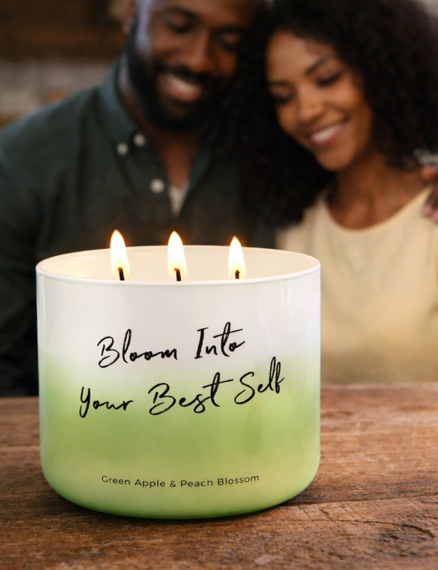 Green Apple Peach Blossom Scented Soy Candle - Large 3-Wick Aromatherapy Candle for Home, 15.8oz - Fresh Fruity Scent - “Bloom Into Your Best Self” Quote - Inspirational Home Decor Gift