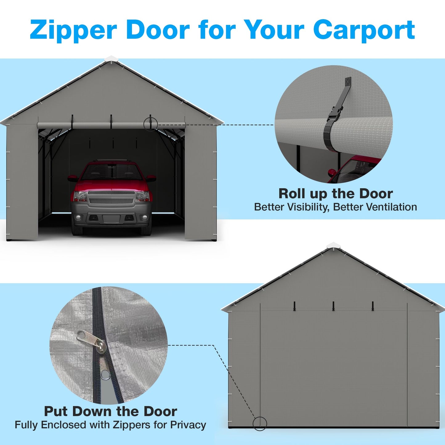 FLOUREE Metal Carport Zipper Door Replacement Fits 20'x16' 20'x20' 20'x25' 20'x26'Heavy Duty 220g PE Tarp, Waterproof UV Resistant Roll-Up Cover with Bungees, Gray (No Frame)
