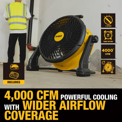 DEWALT Industrial High-Velocity Floor Fan with Battery & Charger, AC/DC Dual Power Supply, 270° Adjustable Tilt Design 3-Speed 4000 CFM 6 ft Cord 18-Inch Barrel Fan, DXF1850A