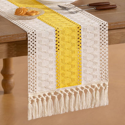 Socomi Boho Table Runner Easter Spring Farmhouse Rustic Dining Kitchen Centerpiece Decor Small Macrame Woven Cotton Coffee Table Runner for Dresser Scarf Home Decor 12x36 in Yellow Gold Ivory