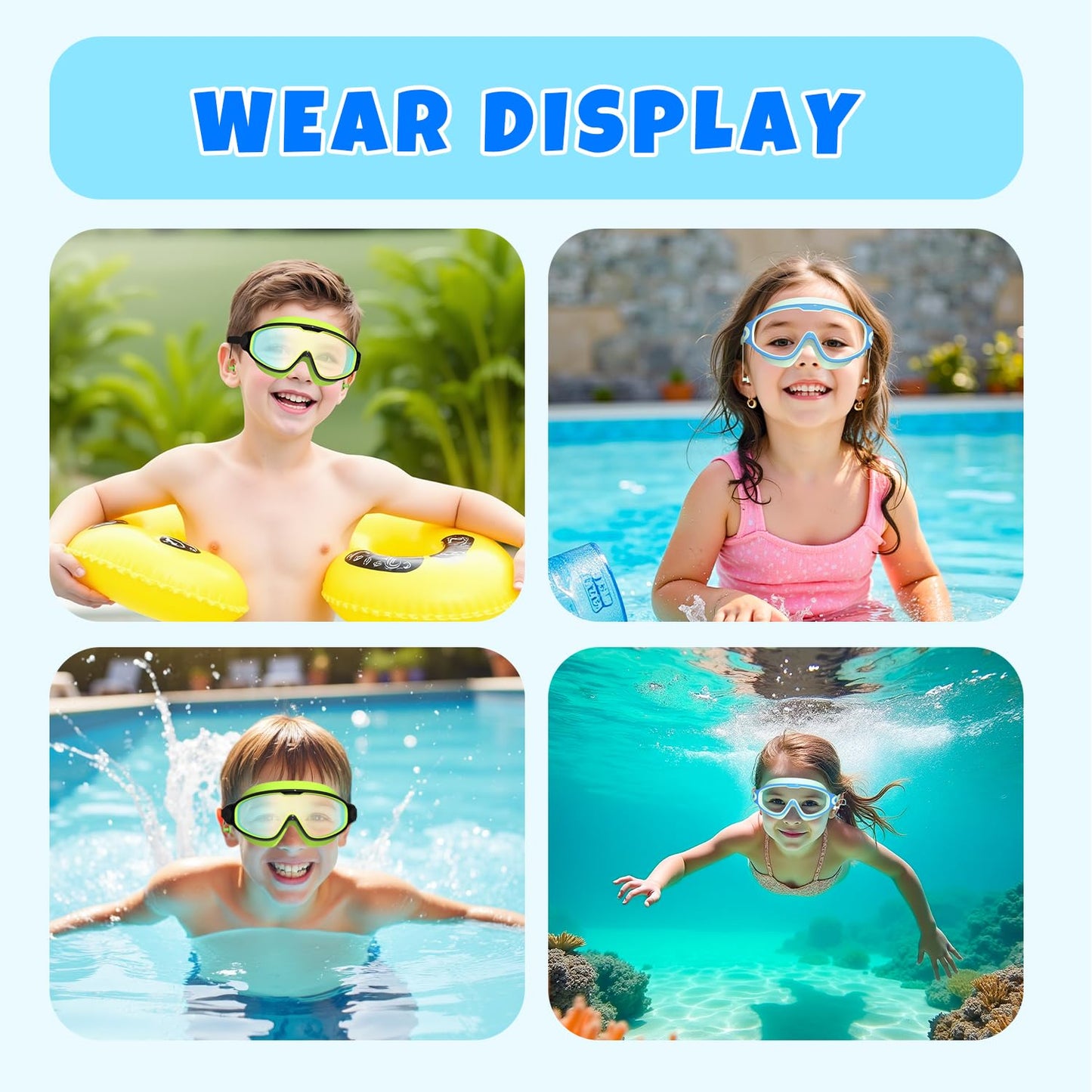 YLKJSWIM Swim Goggles for kids 3-15 with Earplugs Large Frame Anti-Fog/UV No Leaking Pool Water Swimming Goggles for Boys Girls Youth Toddler (2pcs)