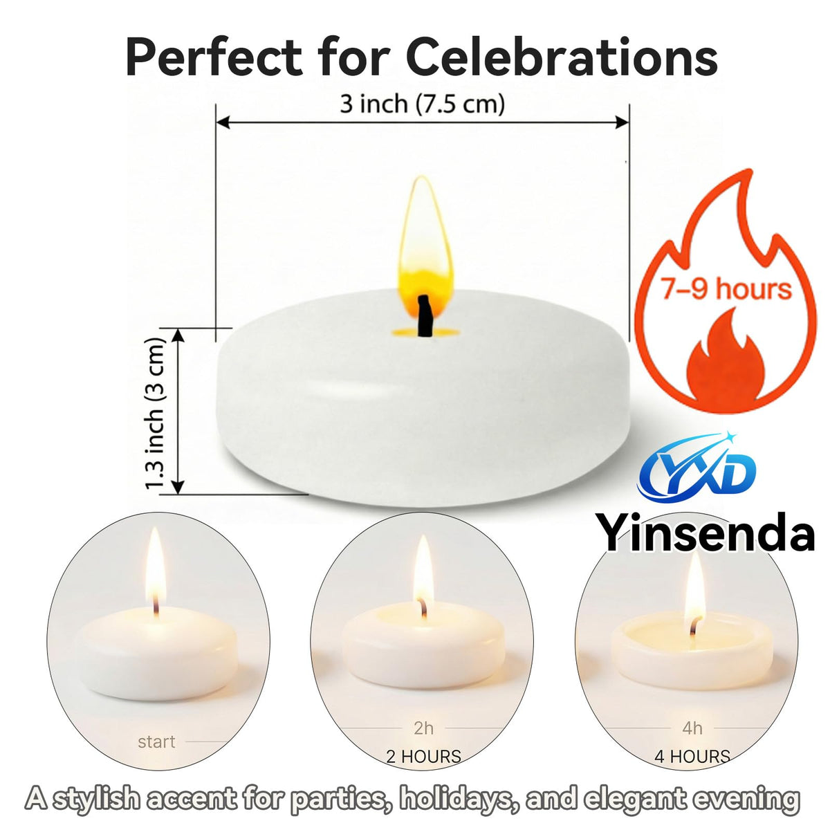 Yinsenda 12 Pack White Floating Candles - 3 Inch Unscented Round Candles, 7-9 Hrs Long Burning for Cylinder Vases, Wedding Centerpieces, Parties & Bath Décor