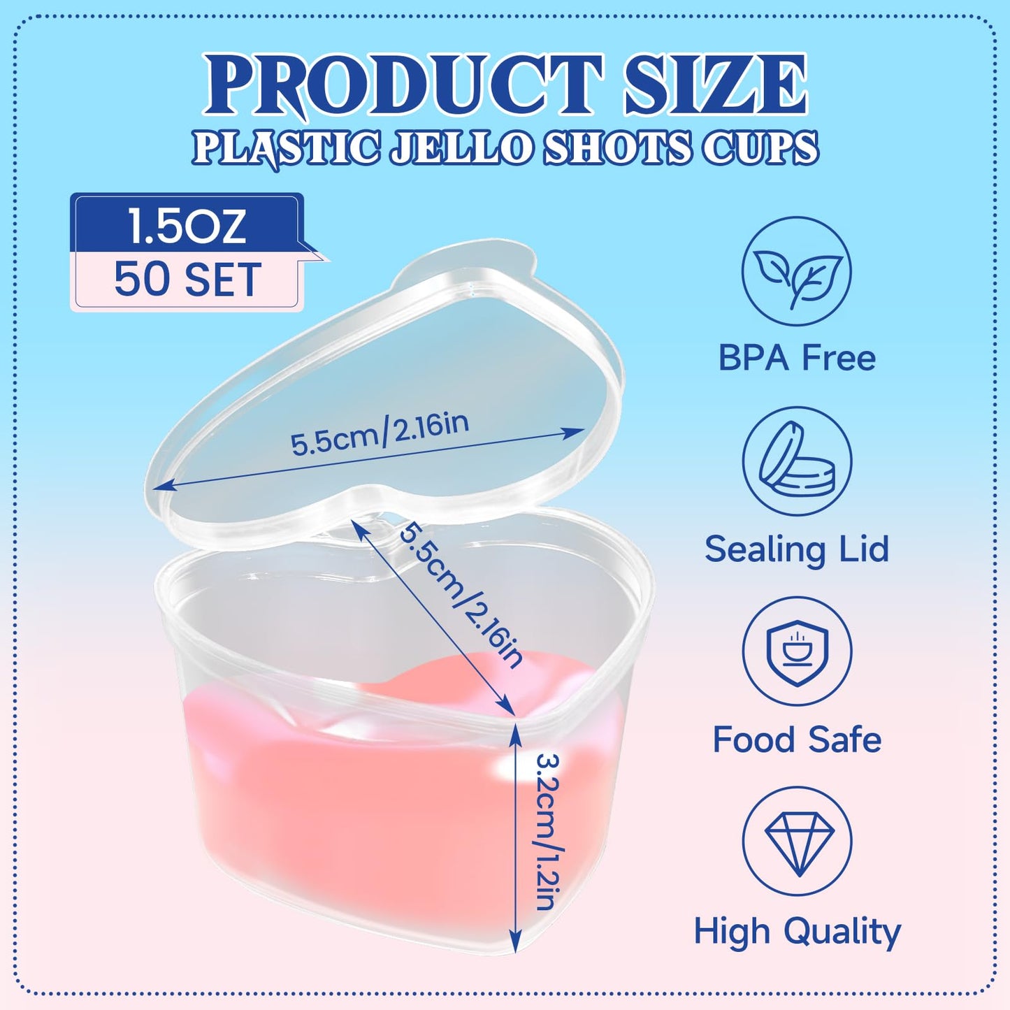 ISKYBOB 50Pcs 1.5oz Heart Shaped Jello Shot Cups with Lids, Disposable Plastic Heart Shape Storage Containers for Sauce, Condiment, Leakproof Small Portion Cup for DIY Slime Liquid Foam Ball Soft Clay