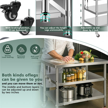 Stainless Steel Table with Wheels for Food Preparation and Work Extra-Large, Multi-Size Optional, Three-Layer Variable Two-Layer Metal Commercial Workbench Restaurant, Kitchen (60" Lx24 Wx34 H)