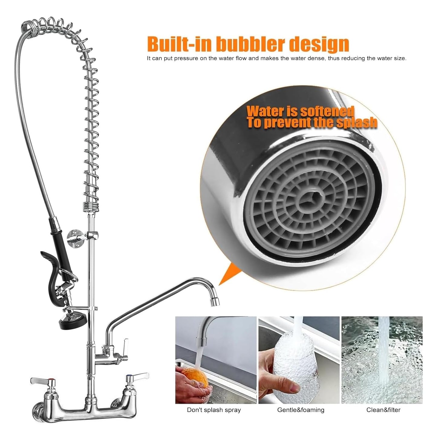 Commercial Sink Faucet with Sprayer for Kitchen: MSTJRY 47" Height Wall Mount Commercial Faucet with Sprayer Fit for 3 Compartment Sink - Polished Chrome 8" Center 12" Swing Spout Pre Rinse Assembly