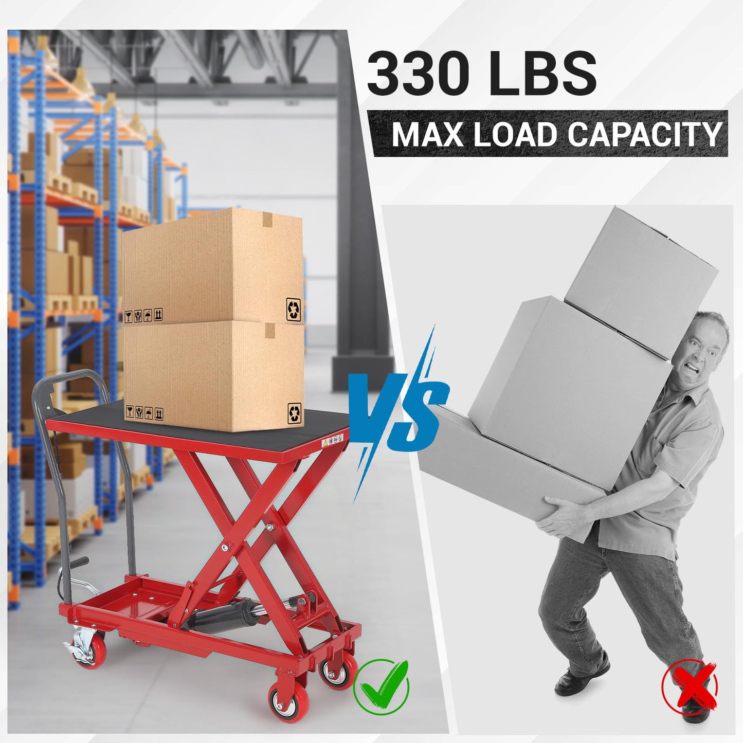 Hydraulic Lift Table Cart, 330lbs Capacity 28.5 in Lifting Height Hydraulic Table Cart, Single Scissor Lift Table with Non-Slip Pad for Material Handling and Transportation, Red