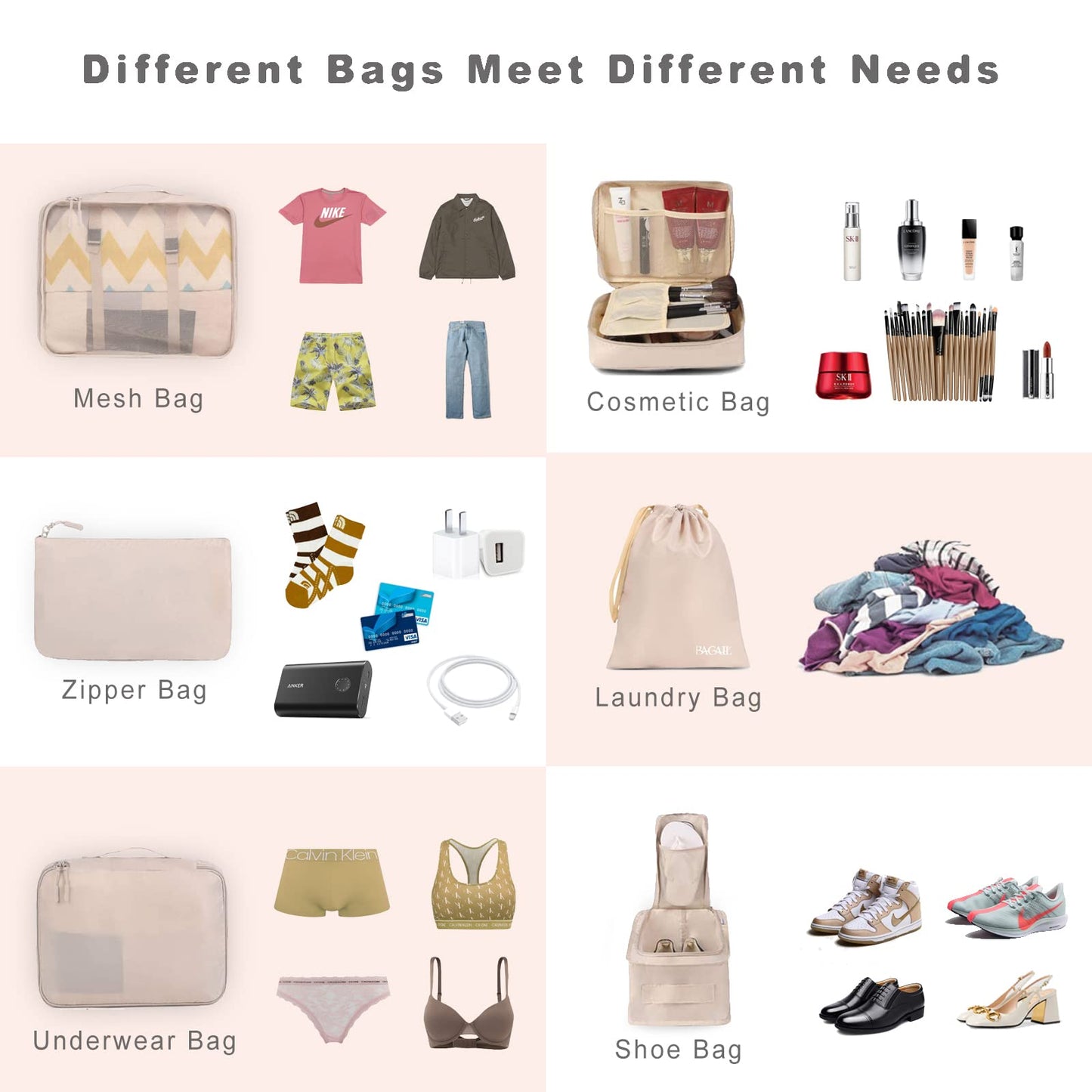 BAGAIL 8 Set Packing Cubes Luggage Organizer Bags for Travel Accessories-Cream