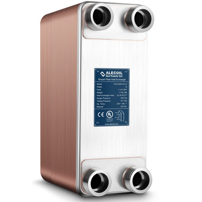 ALECOIL 5"x12"-70 Plates Heat Exchanger with 1-1/4" MPT Port Water to Water 316L Stainless Steel Brazed Plate Heat Exchanger for Water Heating, Floor Heating, Industrial and Commercial Refrigeration