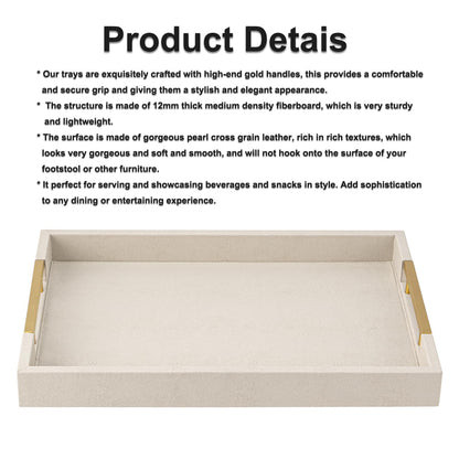 White Leather Large Ottoman Tray for Living Room,Stylish Square Decorative Tray for Coffee Table,Versatile Serving Trays with Handles for Party