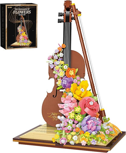 Mini Violin Building Blocks Sets Flower - 950+PCS Musical Instrument Micro Building Bricks Kit Floral - Creative Ideals Collectible Architecture Decoration Birthday Gift(Violin Flower)