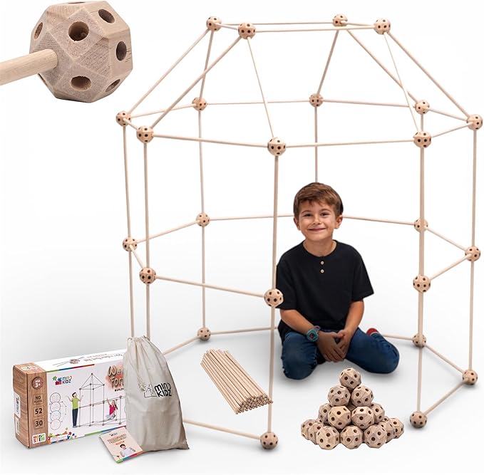 MIND KIDZ Wooden Fort Building Kit for Kids - STEM Montessori construction toy - 52 rods &amp 30 spheres Eco-friendly play set for boys &amp girls