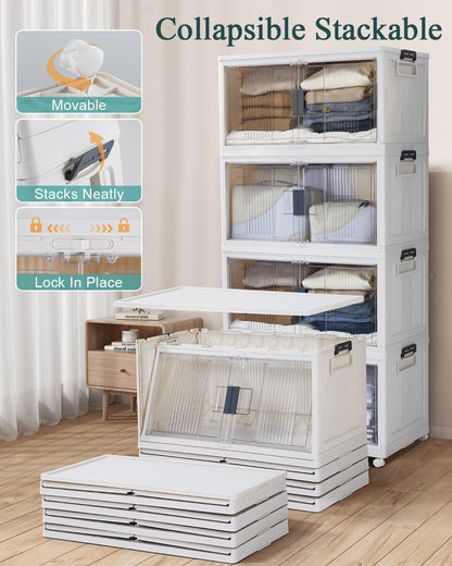 OlarHike 97QT Stackable Storage Bins with Lids - Folding Storage Box with Doors and Wheels, Collapsible Plastic Storage Drawers for Closets and Organization, Garage, 5 Pack Cubes