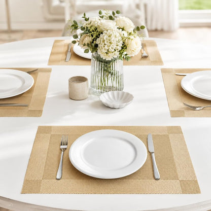 FGSAEOR Champagne Gold Table Placemats Set of 6, Woven Pattern 12 x 18 Inch, Washable Heat Resistant Dining Place Mats for Kitchen Table Decor