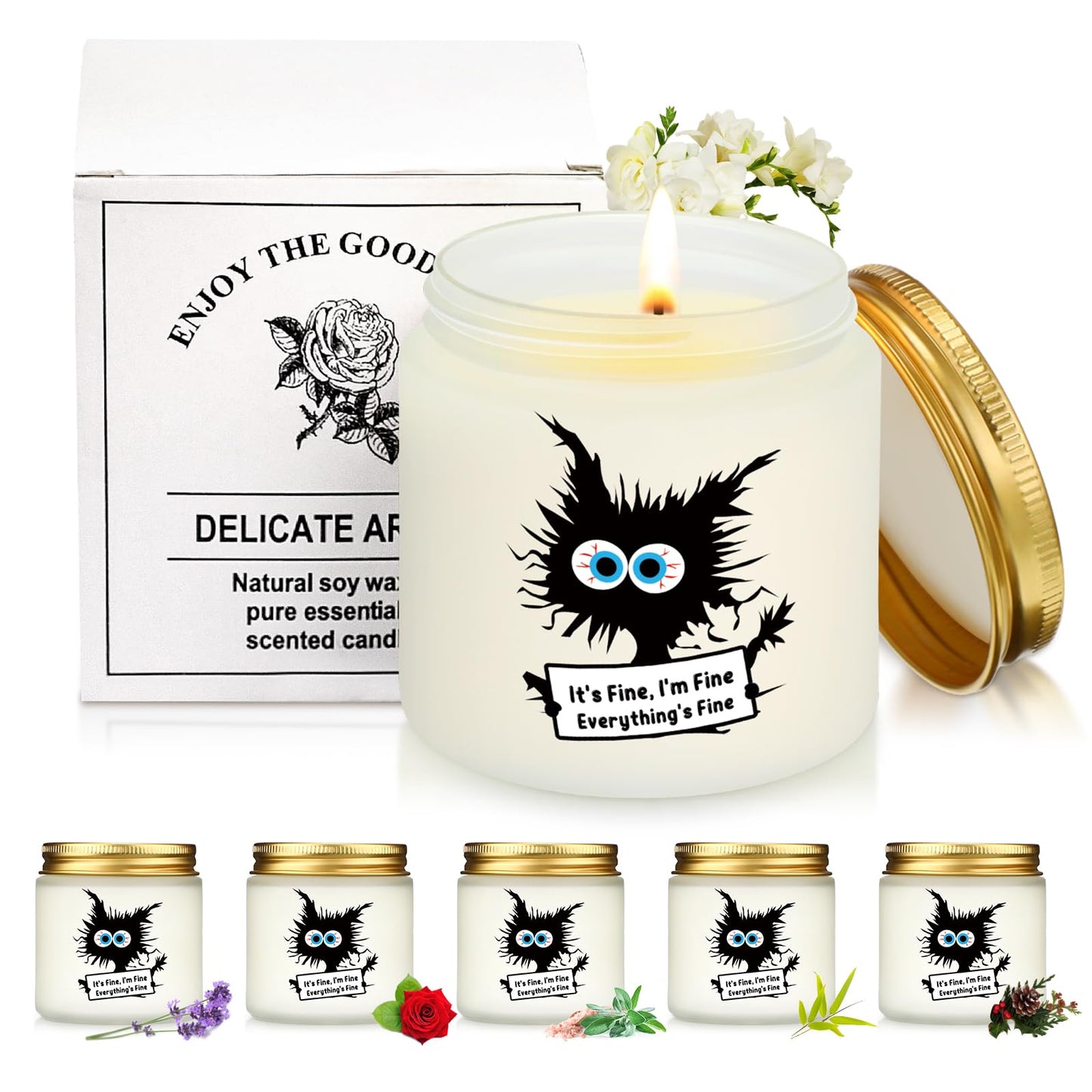 Conelist 6 Set Cat Lover Gifts for Women Graduation Funny Black Cat Scented Candles It's Fine Everything is Fine Inspirational 3.5 oz Soy Wax Jar Candles Gift for Teacher Coworker Employee Gifts