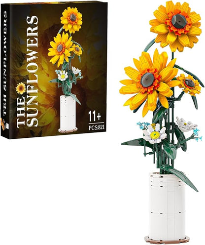 BlockPro Upgrade Sunflower Building Set for Adults Teens Botanical Collection Flower Bouquet with Vase Gift for Birthday Mother's Day Anniversary Pretty Home Decor for Flower Lovers (821pcs)