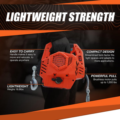 Mile Marker 71-1000 71-1000-29 Rhino Pull 1000 Portable Electric Winch | 39 Feet of Synthetic Rope | Lifts or Pulls Up to 1000 Pounds | Includes Extra Battery