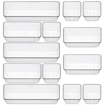 12 Piece Clear Drawer Organizer Set, 3 Sizes Bathroom Vanity Organizer Trays and Storage Bins for Makeup, Cosmetics, Jewelry, and Gadgets. Perfect for Office, Kitchen, Bedroom, Bathroom Use.
