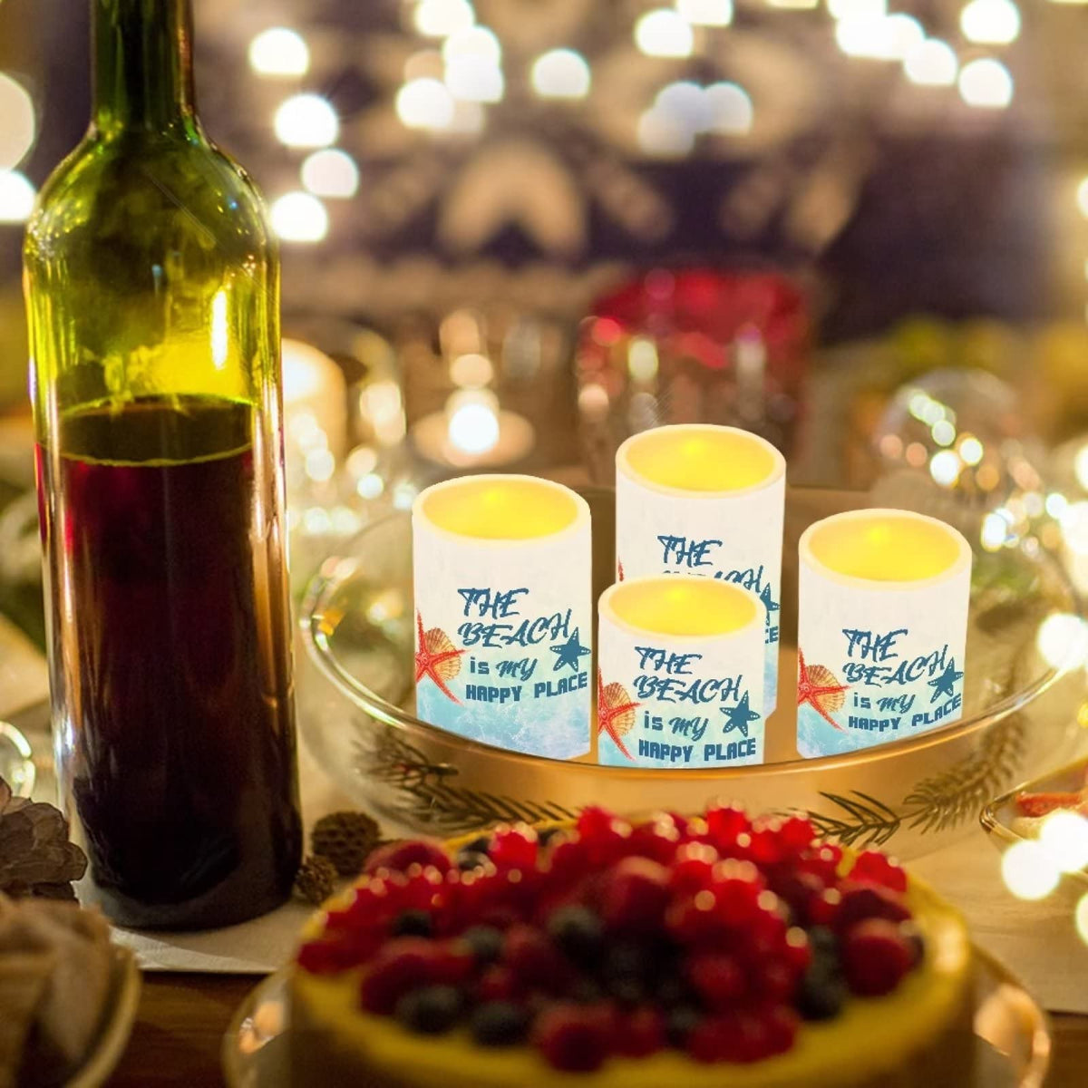 Cozeyat Summer Beach Pattern Flameless Votive Candles 4 Packs,Electric Tealight Battery Powered,Flickering Tea Lights,Cycling 24 Hours Timer Real Wax Lights for Festival Wedding Home Decor