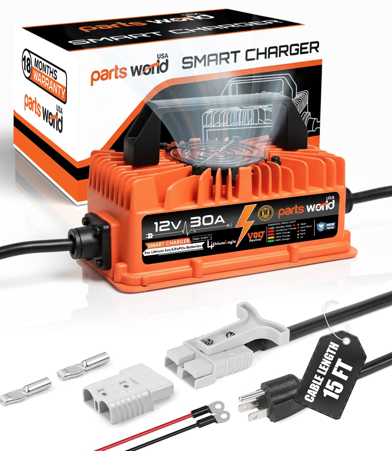 LithiumLogic™ 12V 30A LiFePO4 Charger with SB50 Anderson Plug, Accessory Wires & Temp Sensor; IP67 Waterproof with VoltRevive™ Recovery for carts, Boats, ATVs, Pallet Jacks, forklifts & scrubbers