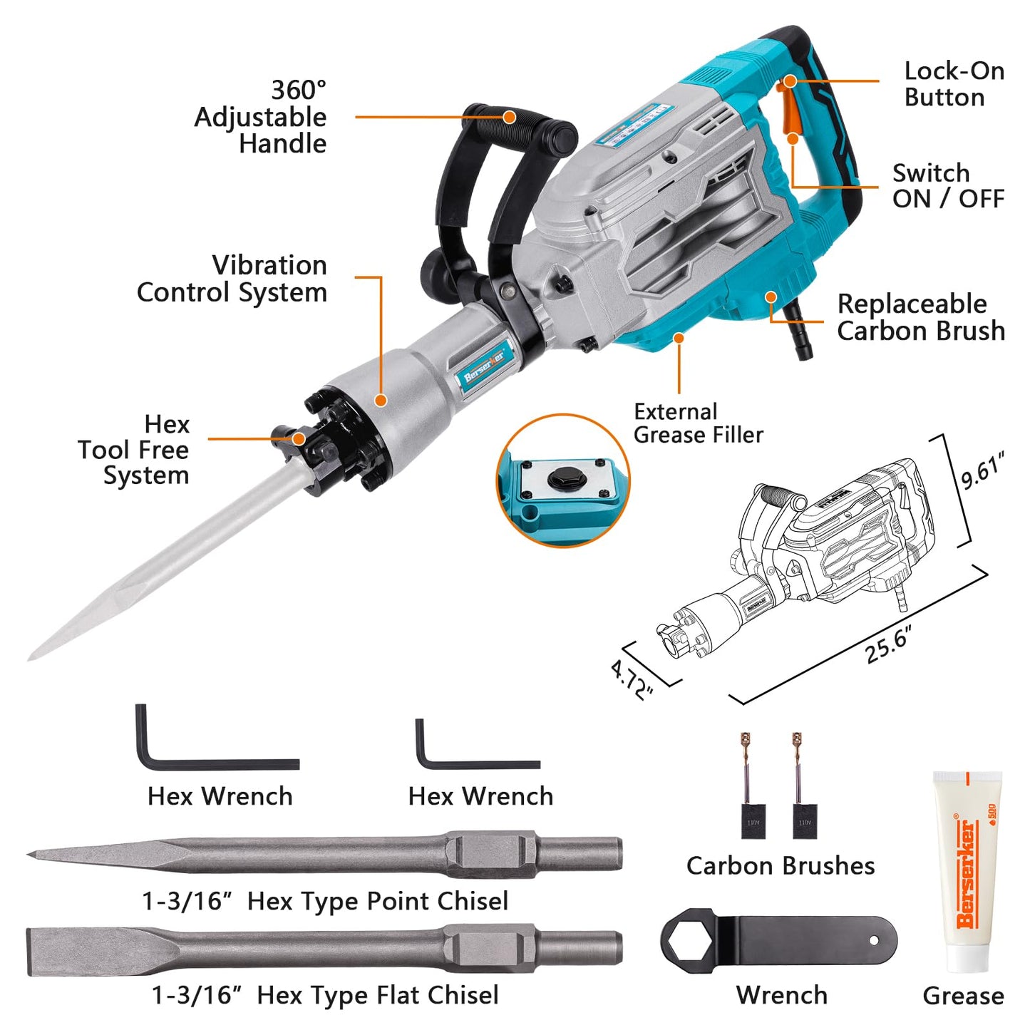Berserker 1700W 30-Pound Demolition Jack Hammer with 1-3/16" Hex, 14-Amp Corded Electric Heavy Duty Demo Chipping Hammer Concrete/Pavement Breaker with Carrying Case Flat Chisel Bull Point Chisel