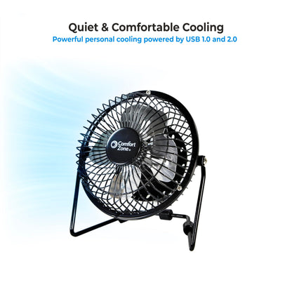 Comfort Zone 4-inch All-Metal Desk Fan with USB or Power Cord, Single Speed, 360 Degree Adjustable Tilt, Compact & Durable Mini Electric Fan for Home, Office or Travel Use, Black