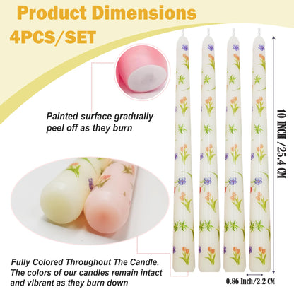 W&LESVAGO 4 Pcs Tulips Print Taper Candles, 10 Inch Ivory Dripless Long Candles Set for Wedding Anniversary Home Decoration Dinner Party (Tulips)