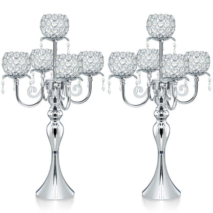 5 Arm Crystal Strap Pendant Silver Table Decor Candelabra Set of 2, 22.5 inches Elegant Dining Room Centerpieces for Holiday Parties Weddings