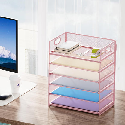 Marbrasse 2 Pack Desk Organizer with Handle, 6 Tier Paper Letter Tray, Mesh Desk File Organizer for Office, School and Home - Pink