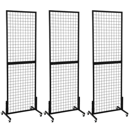 OUDUCK 3 Packs 1.8' x 5.7' Grid Wall Panels Standing Wire Grid, Display Rack with T-Base Wheels Freestanding Gridwall Panel Tower for Shows, Black