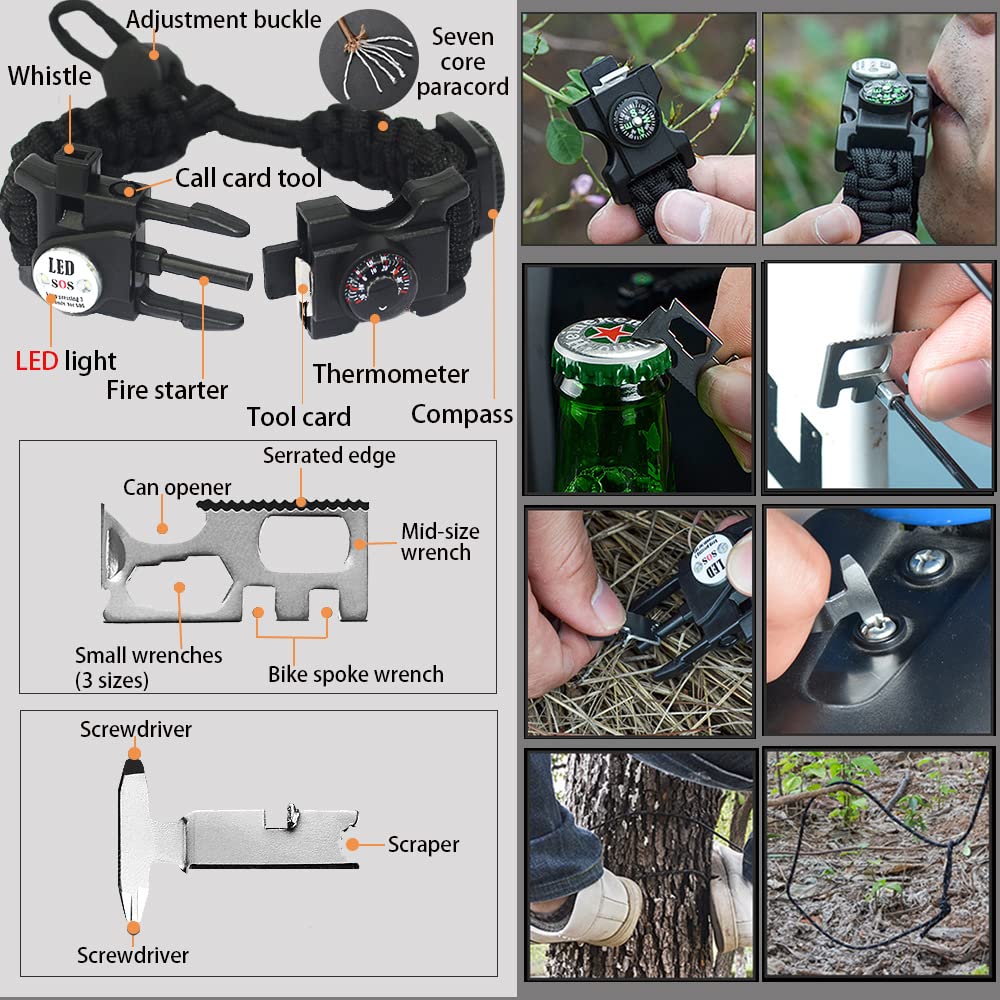 Daarcin 1pcs Survival Paracord Bracelet,Fire Starter,SOS Light, Compass,Thermometer, Whistle, Adjustable AK87 21 in 1,Outdoor Ultimate Survival Tactical Gear Set,Men