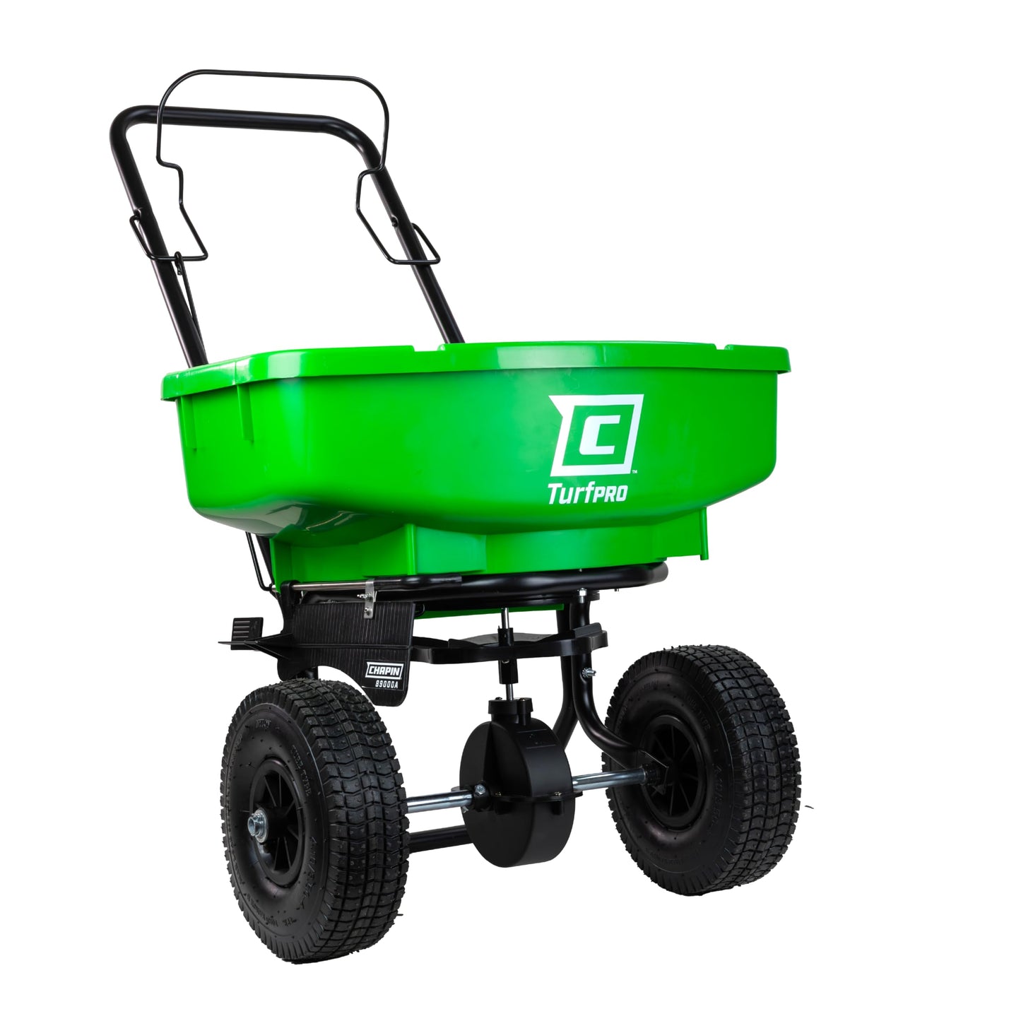 Chapin 89000A Spreader, Lawn and Garden, 80Lbs, TurfPro, Broadcast, Push, Walk Behind, 10" Tires, Weather-Proof, Poly Hopper, Pull-Bar Lever with 15 Setting Gate, Spreads Fertilizer and Seeds