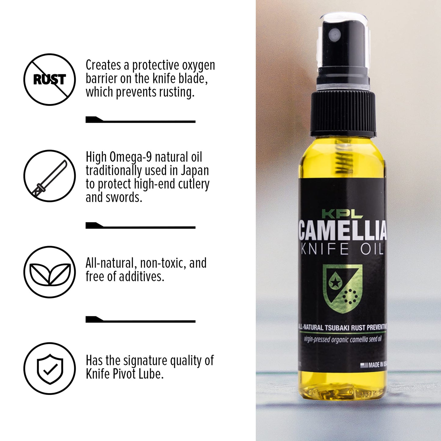Knife Pivot Lube – Camellia Knife Oil for Blades – Tsubaki, Honing Oil for Cleaning and Blade Care – 60ml Spray Bottle