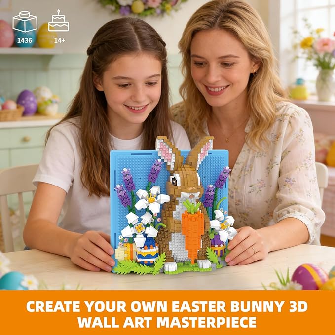 Easter Bunny 3D Wall Art Micro Mini Building Blocks Set Cute Animal Rabbit Decor with Easter Eggs &amp Flowers No Compatible with Lego Gift Idea for Adults STEM Toy for Boys Girls 14+ (1436 PCS)