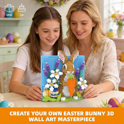 Easter Bunny 3D Wall Art Micro Mini Building Blocks Set Cute Animal Rabbit Decor with Easter Eggs &amp Flowers No Compatible with Lego Gift Idea for Adults STEM Toy for Boys Girls 14+ (1436 PCS)