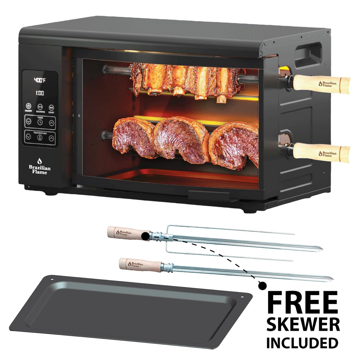 Electric Rotisserie Oven Brazilian Flame VOLTA | Vertical Countertop Grill with Auto-Rotating Skewers Shawarma Grill Machine Meat Kebab | Indoor Adjustable Temperature | 8lb Capacity | World Cup Grill