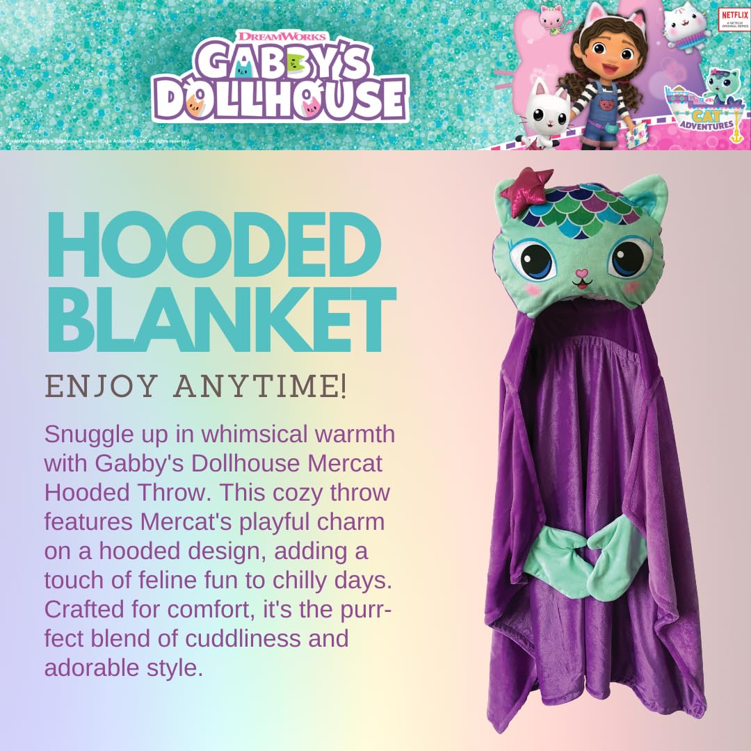 DreamWorks Gabby's Dollhouse Mercat Bedding Super Soft and Cozy Wearable Hooded Throw Blanket, 50" X 30" (Official Licensed Product) By Franco