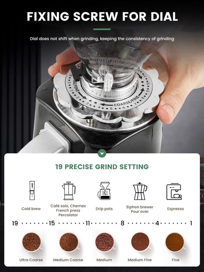 Huanyu Burr Coffee Grinder- Stainless Steel Flat Burr, 19 Precise Grind Settings, 35oz Capacity and Dual Dosing for Espresso, Pour Over, French Press, Black