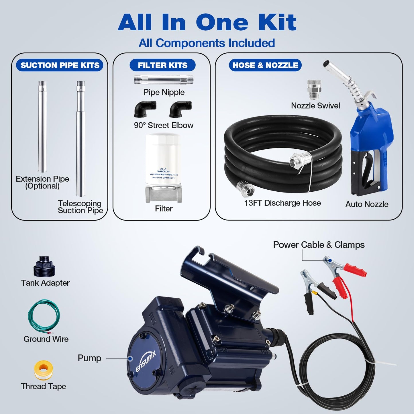 Ensurix 12V Fuel Transfer Pump 15 GPM, Diesel Transfer Pump 12 Volt with Auto Shut Off Nozzle, Hose & Filter, Electric Gasoline Transfer Pump Kit for Fuel Tank, Gasoline, Diesel, Kerosene