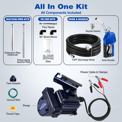 Ensurix 12V Fuel Transfer Pump 15 GPM, Diesel Transfer Pump 12 Volt with Auto Shut Off Nozzle, Hose & Filter, Electric Gasoline Transfer Pump Kit for Fuel Tank, Gasoline, Diesel, Kerosene