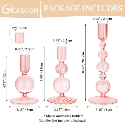 Glasseam Pink Glass Candlestick Holder: Unique Candle Holders Set of 3 Modern Taper Candle Holder Decorative for Table Centerpiece Party Christmas Home Wedding Decoration