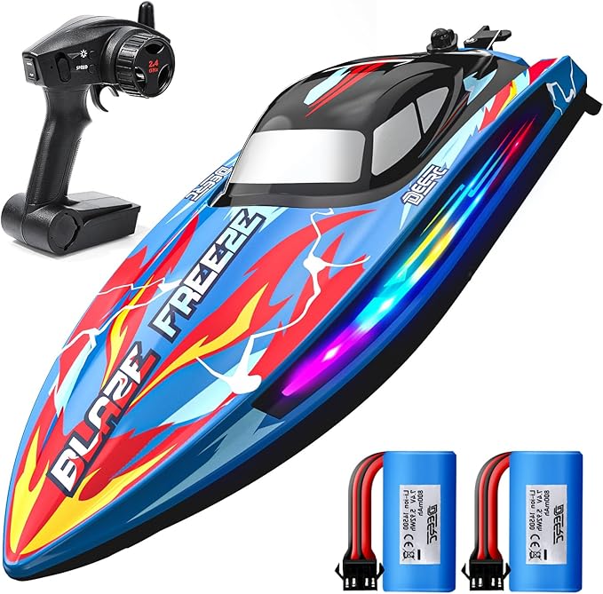 DEERC Fast RC Boat for Pool &amp Lake 20+MPH 40+ Mins Self Righting Remote Control Racing Speed Boat for Kids 2.4Ghz Summer Water Toy Gift