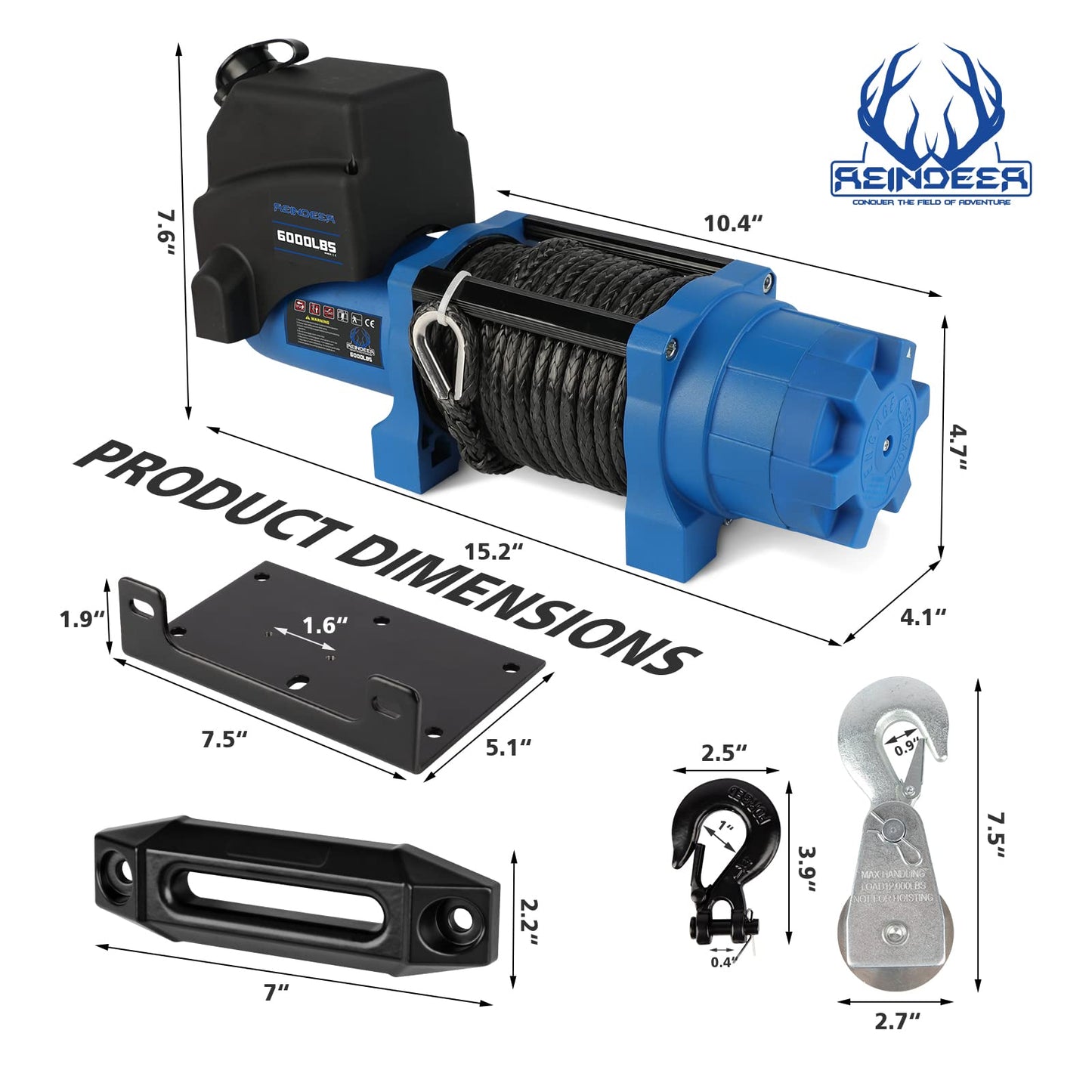 REINDEER New 12V Winch 6000 lb Load Capacity Electric Winch Kit Synthetic Rope with Hawse Fairlead Waterproof IP67 with Wireless Remotes for 4X4 Side by Side 4 Wheeler ATV UTV Rescue Recovery