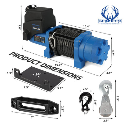 REINDEER New 12V Winch 6000 lb Load Capacity Electric Winch Kit Synthetic Rope with Hawse Fairlead Waterproof IP67 with Wireless Remotes for 4X4 Side by Side 4 Wheeler ATV UTV Rescue Recovery