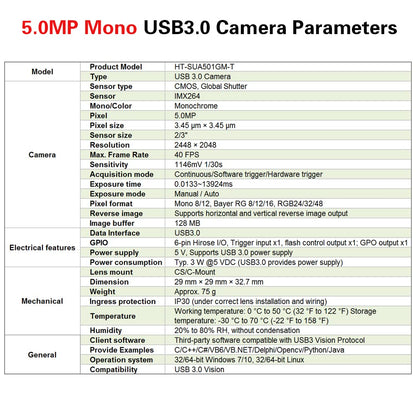 High Speed USB3.0 Monochrome 5.0MP 2/3" Industrial Camera Machine Vision Global Shutter C-Mouth Area Scan Camera 2448x2048 40FPS