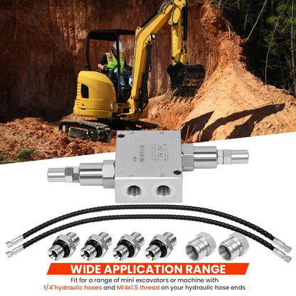 Mini Excavator Hydraulic Cushion Valve kit,1/4" Hydraulic Hoses and M14x1.5 Threaded Ends with Hydraulic Swivel Motor Buffer Dual Crossover Relief Cushion Valve