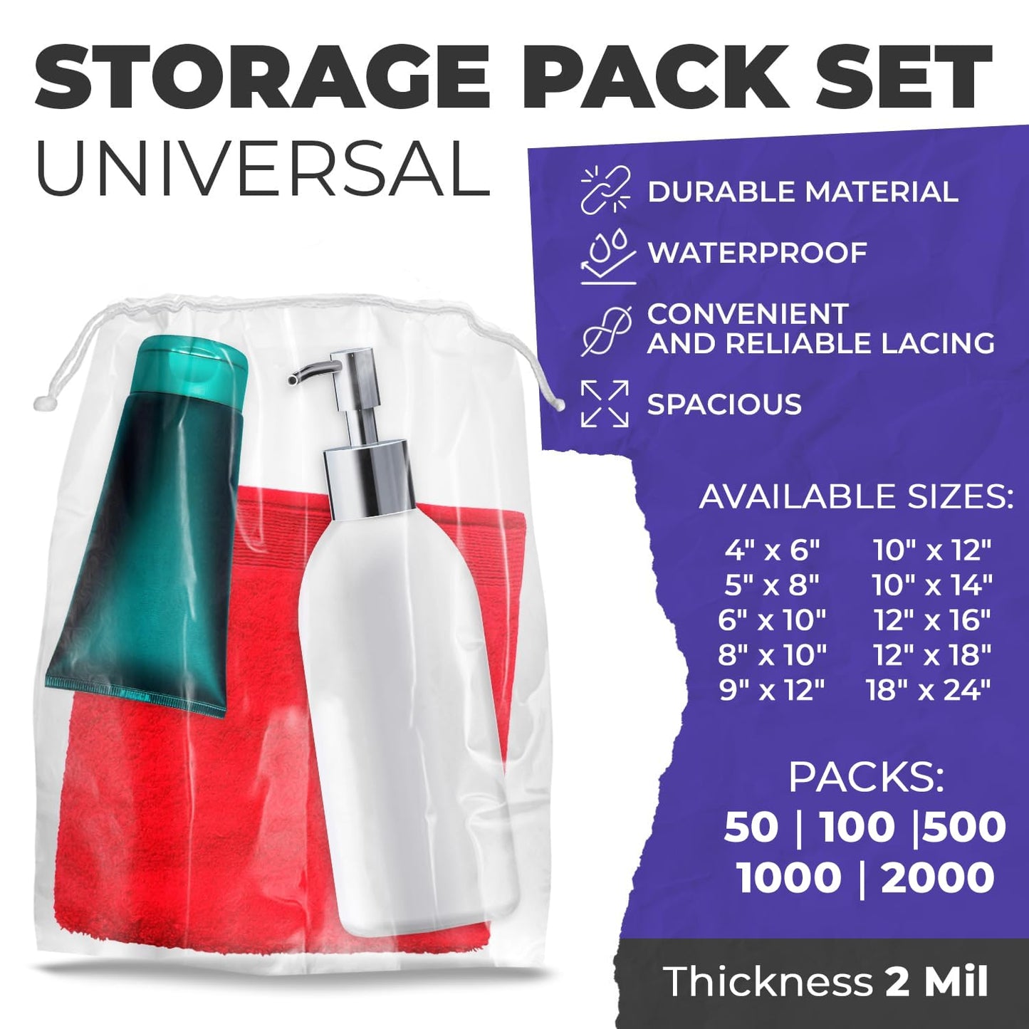 APQ Drawstring Bag, 12x16 Inches. 100 Waterproof Plastic Bags. 2 Mil Bags for Cosmetics, Toiletries