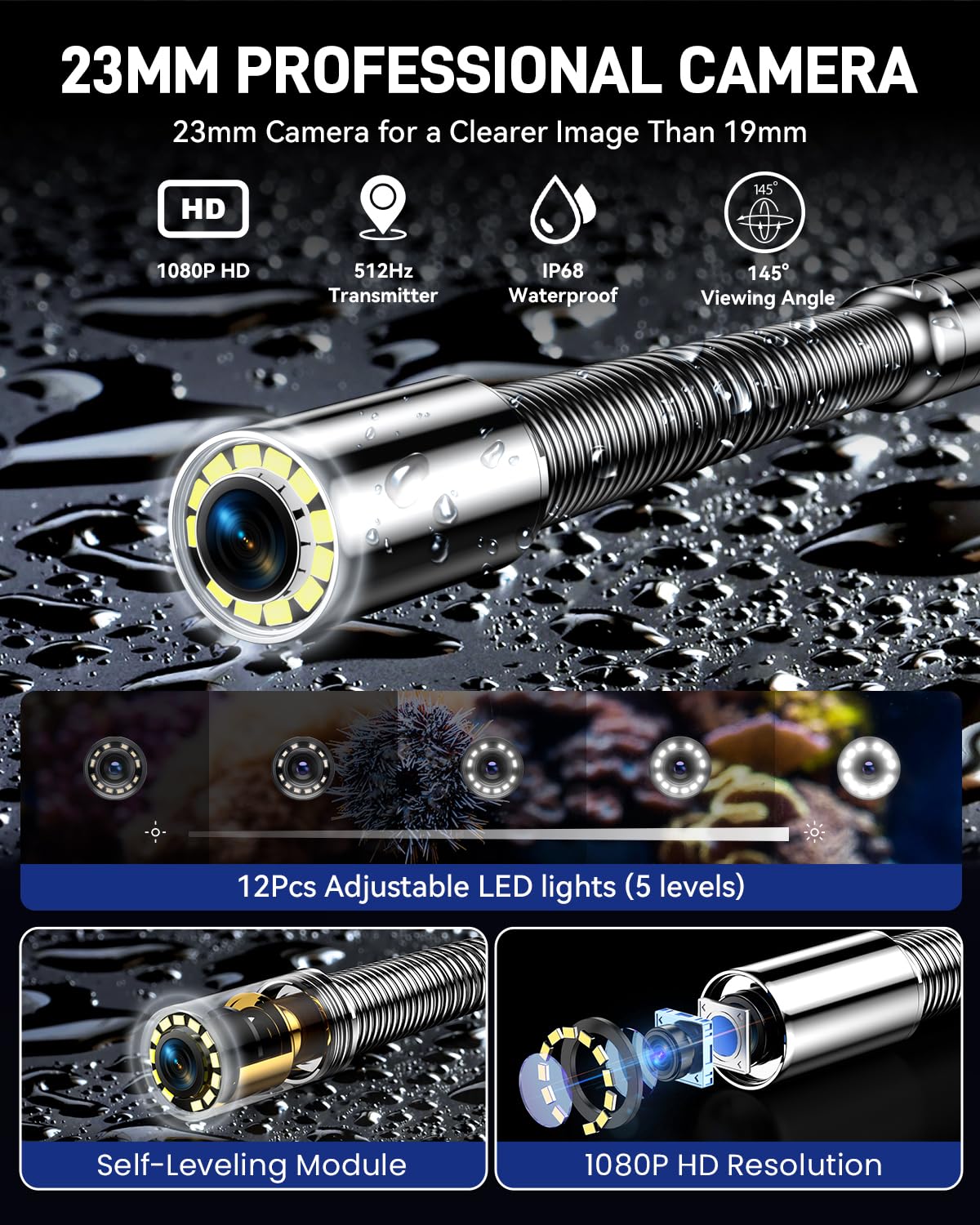 Hialemi 10" Sewer Camera with Locator & Wheels, Self Leveling Plumbing Camera & Distance Counter & 5X Zoom - 145° Pipe Inspection Camera with Lights, 1080P IPS Screen & DVR 32GB(7MM-200Ft/60M)