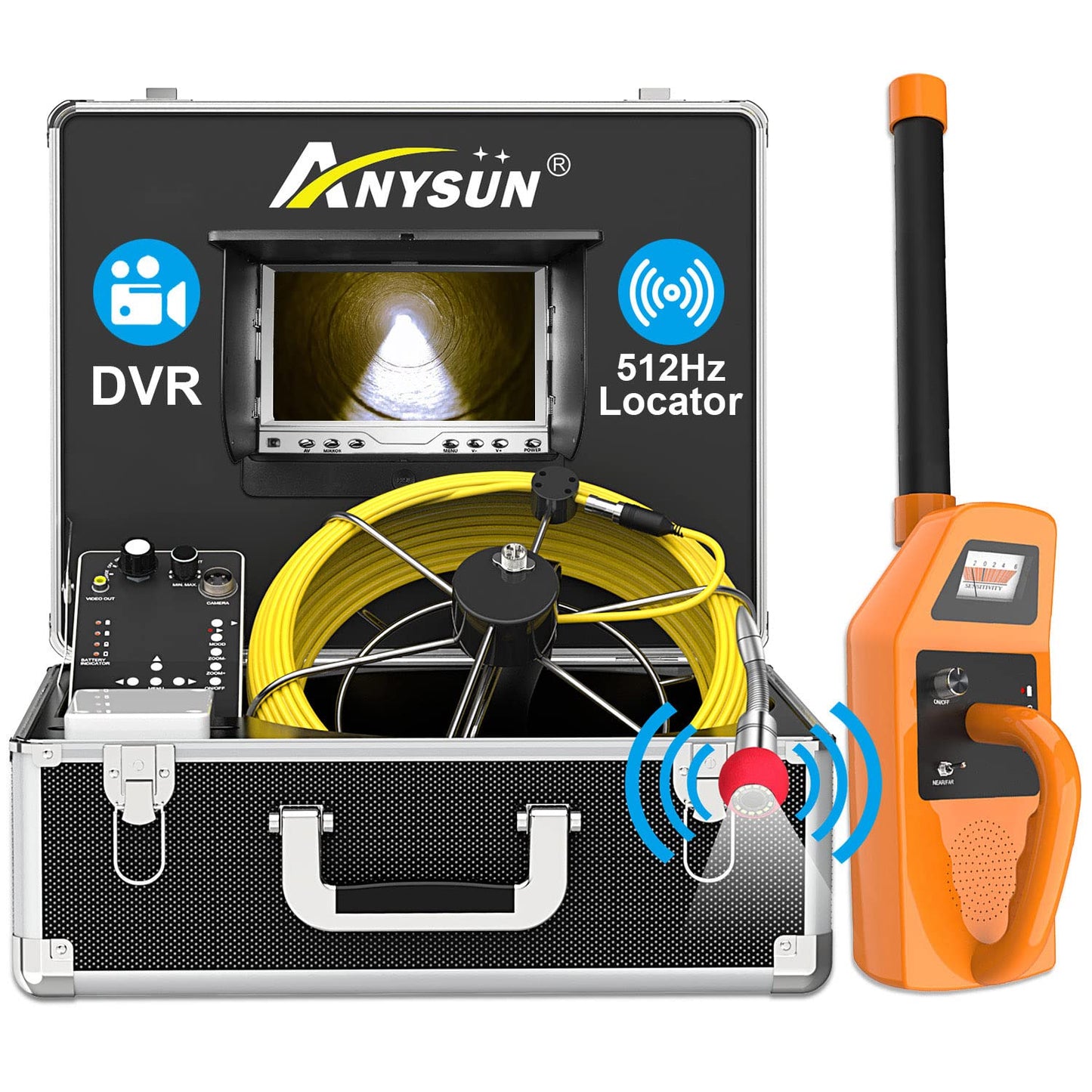 Anysun Sewer Camera with Locator, Pipe Camera with 512Hz Sonde Transmitter and Receiver, IP68 Waterproof Industrial Plumbing Endoscope Drain Snake Cam with 7" LCD Monitor, 8G SD Card (100Ft/30M Cable)